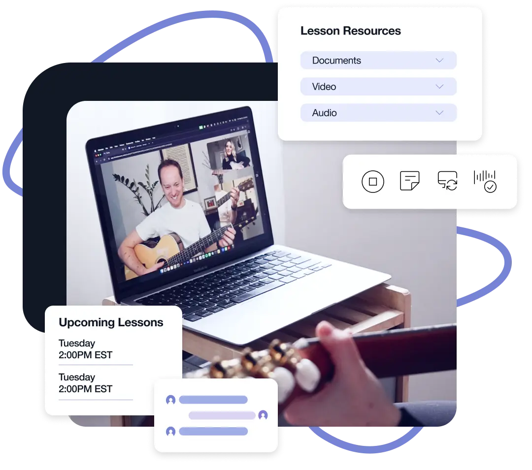 A student taking a live online music lesson on Forte